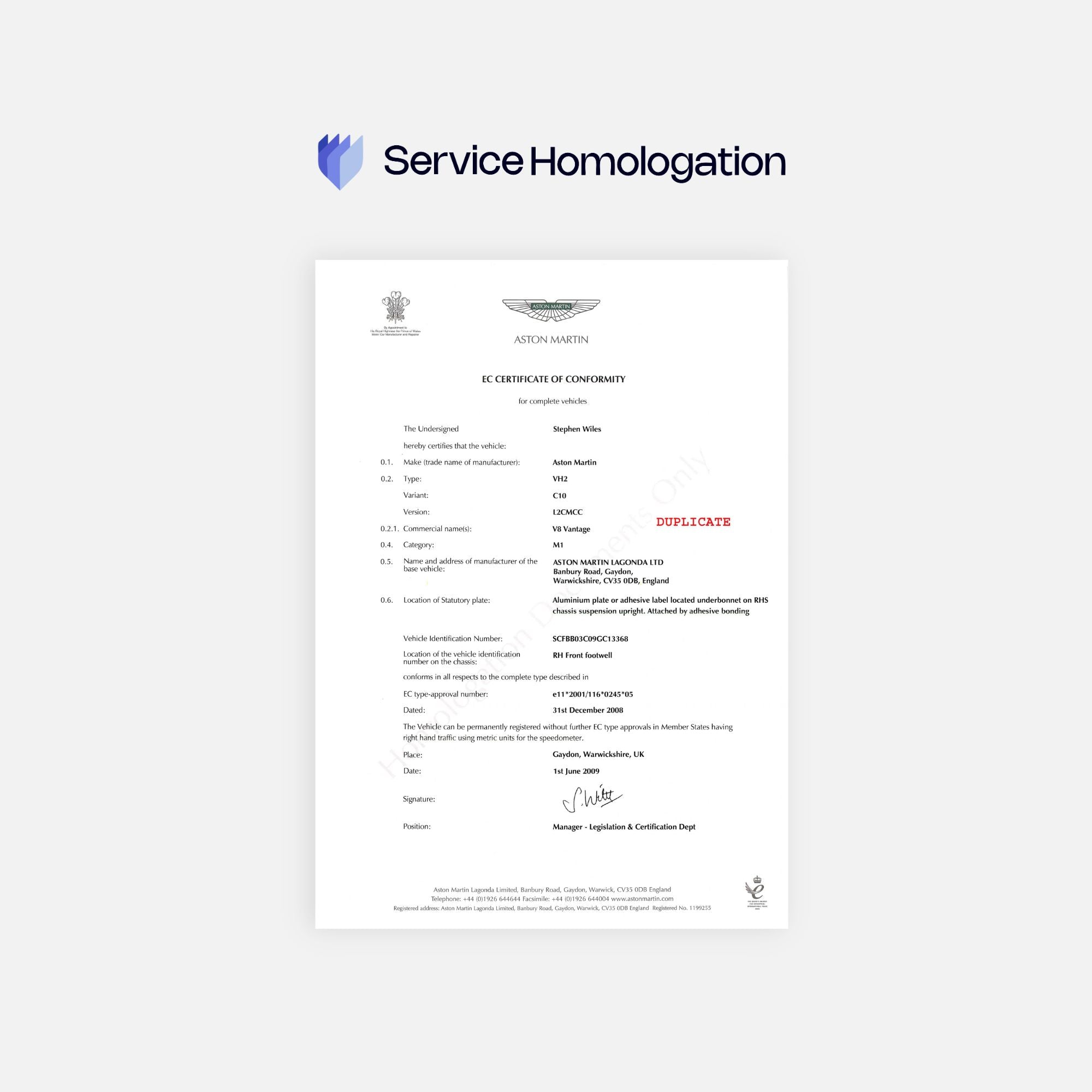 Certificat de conformité ASTON MARTIN
