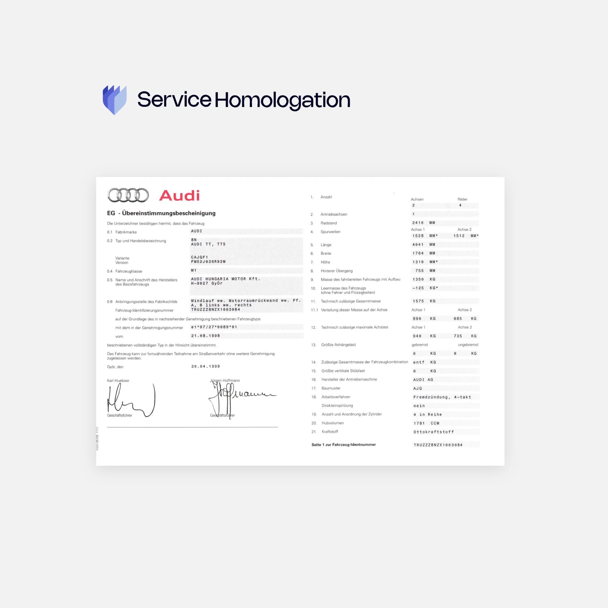 Certificat de conformité AUDI