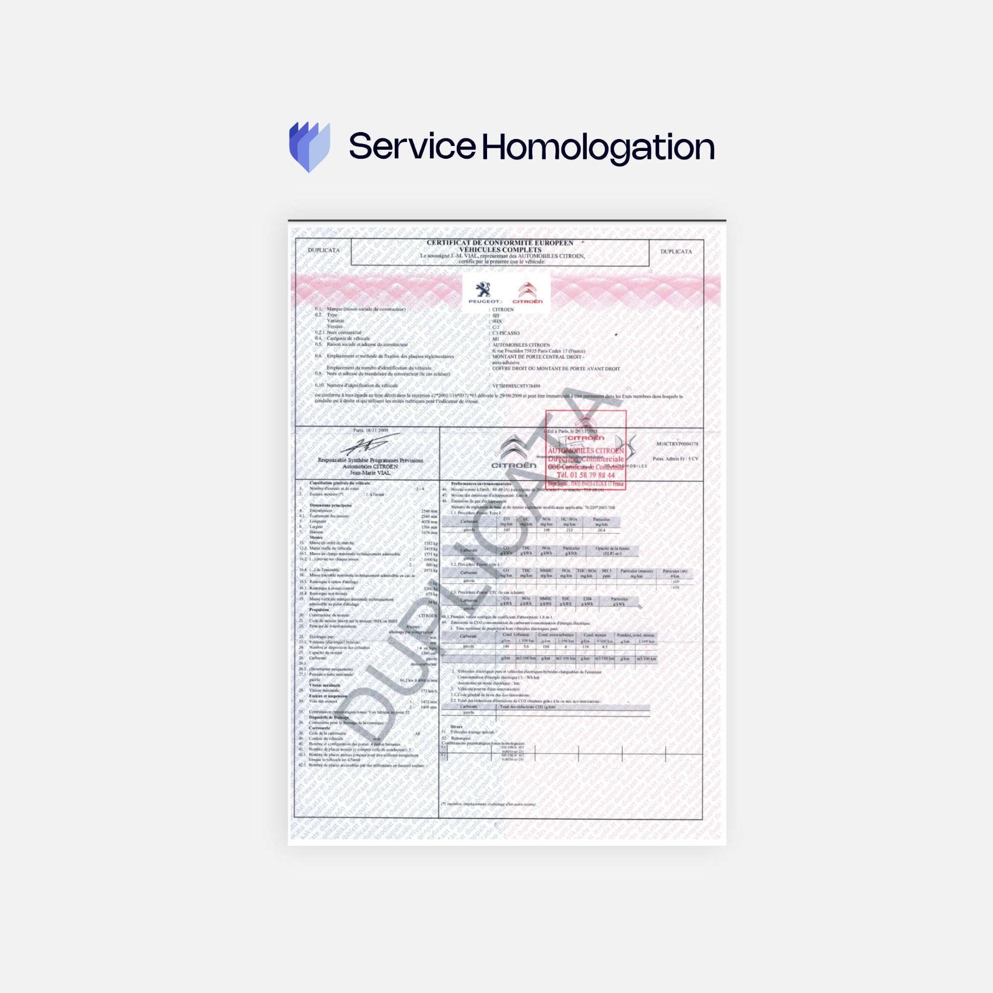 Certificat de conformité CITROEN
