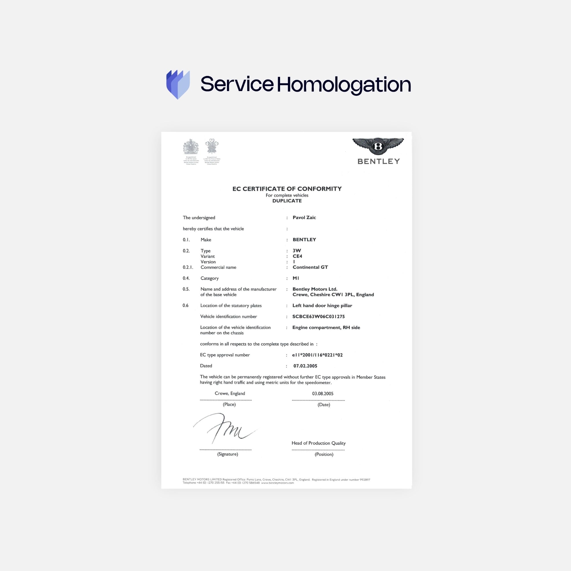 Certificat de conformité BENTLEY