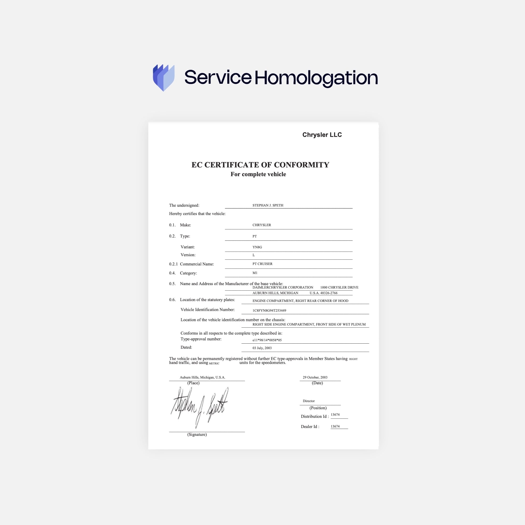 Certificat de conformité CHRYSLER