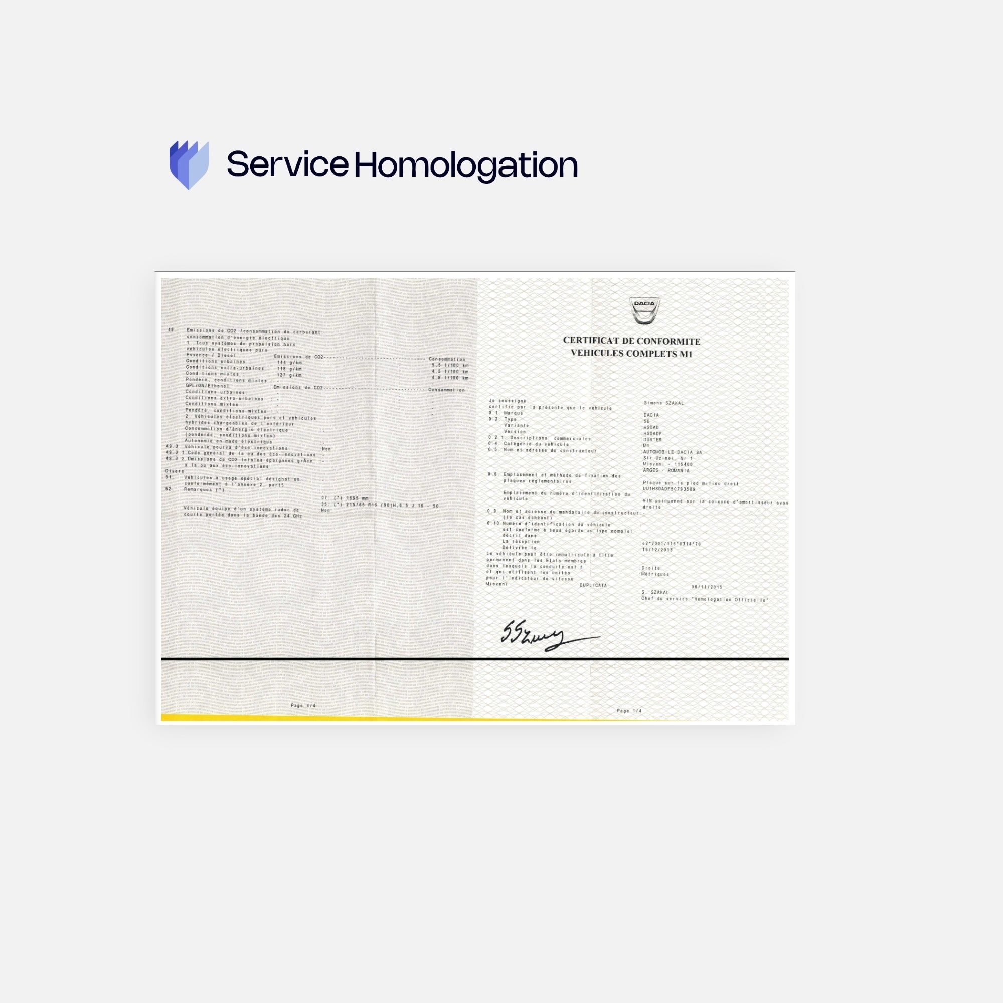 Certificat de conformité DACIA