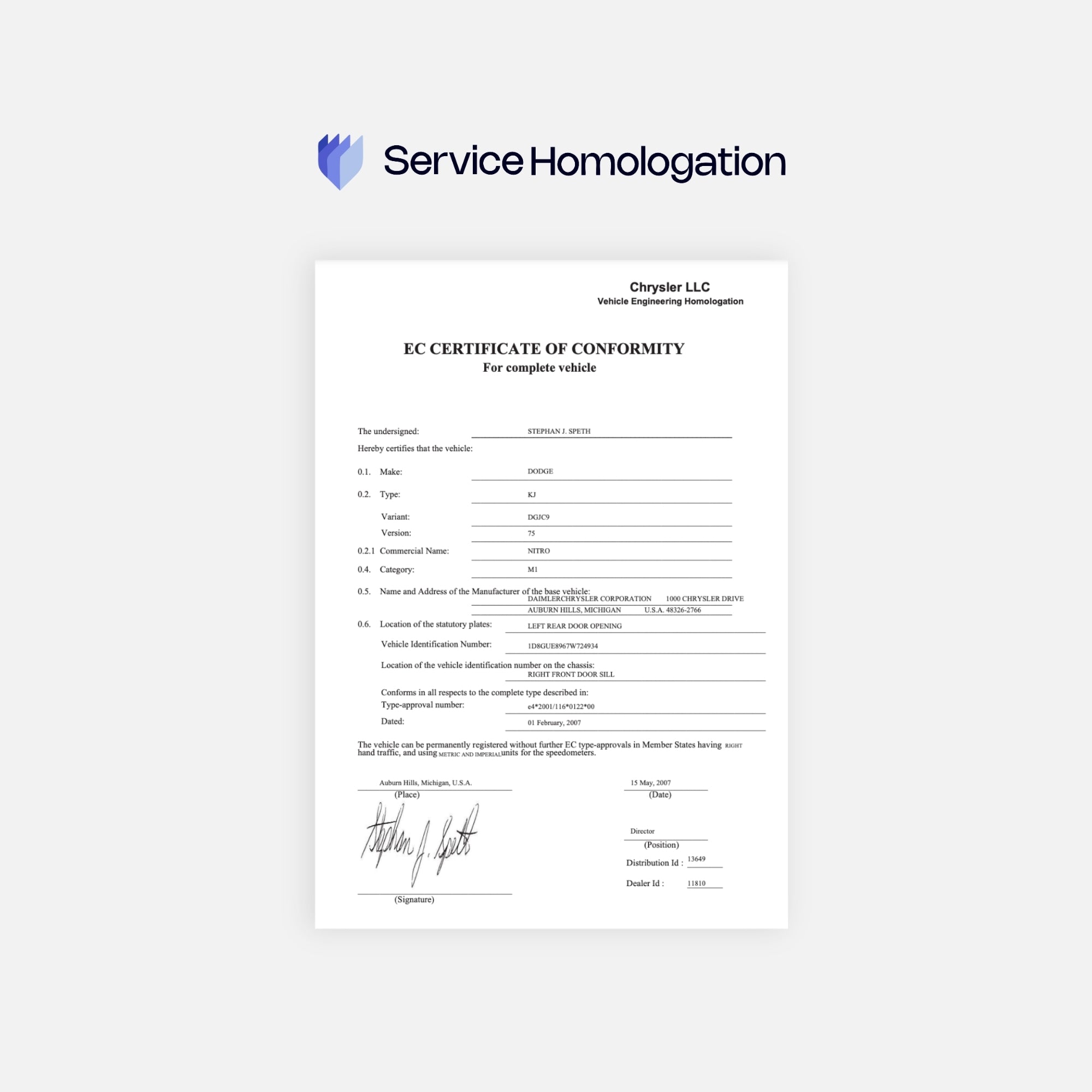 Certificat de conformité DODGE