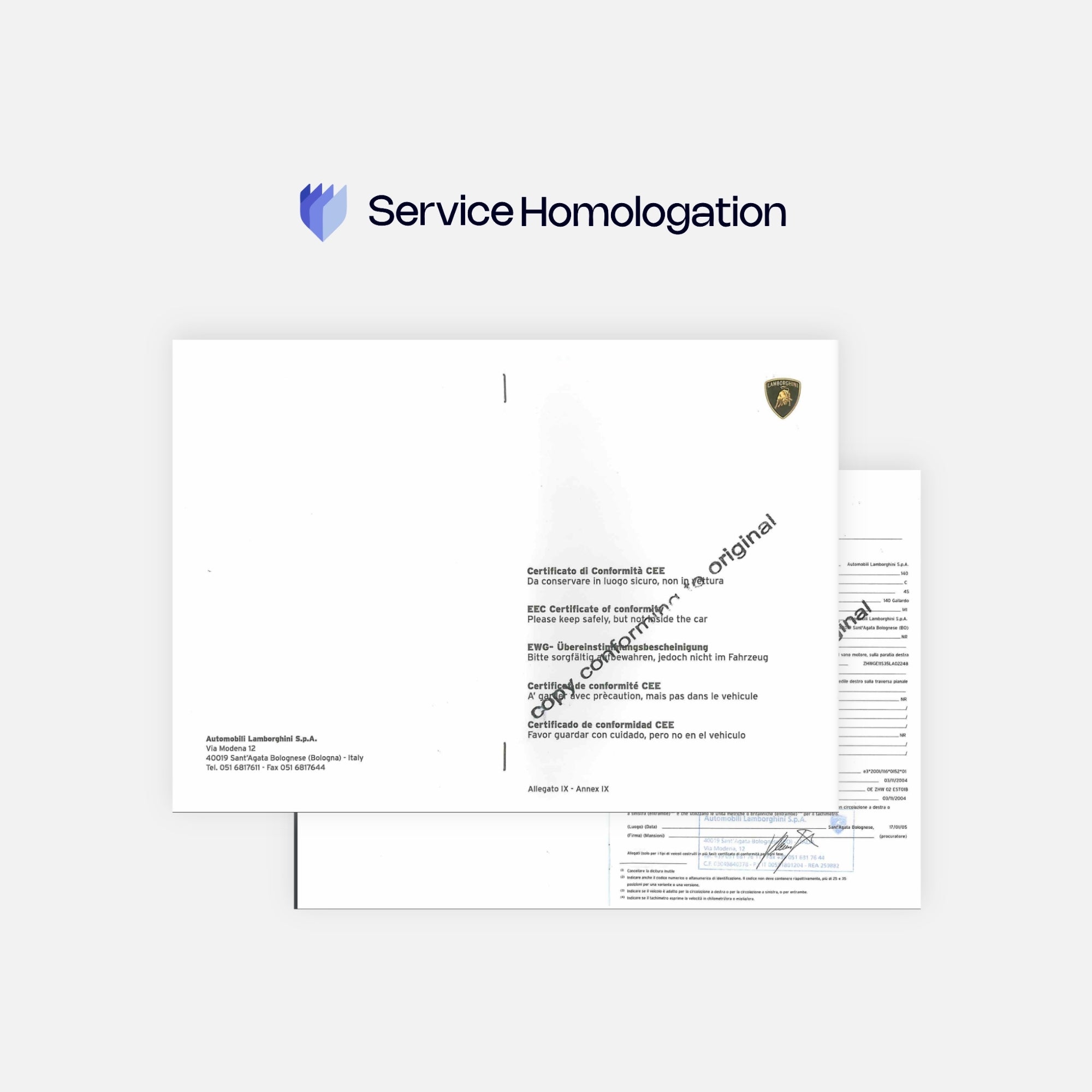 Certificat de conformité LAMBORGHINI