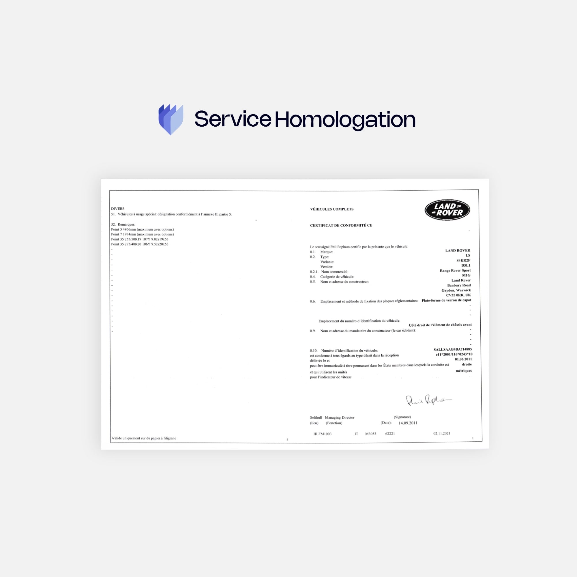 Certificat de conformité LAND ROVER