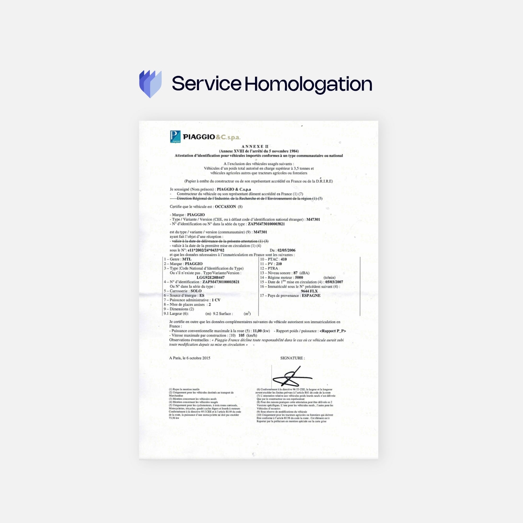 Certificat de conformité PIAGGIO