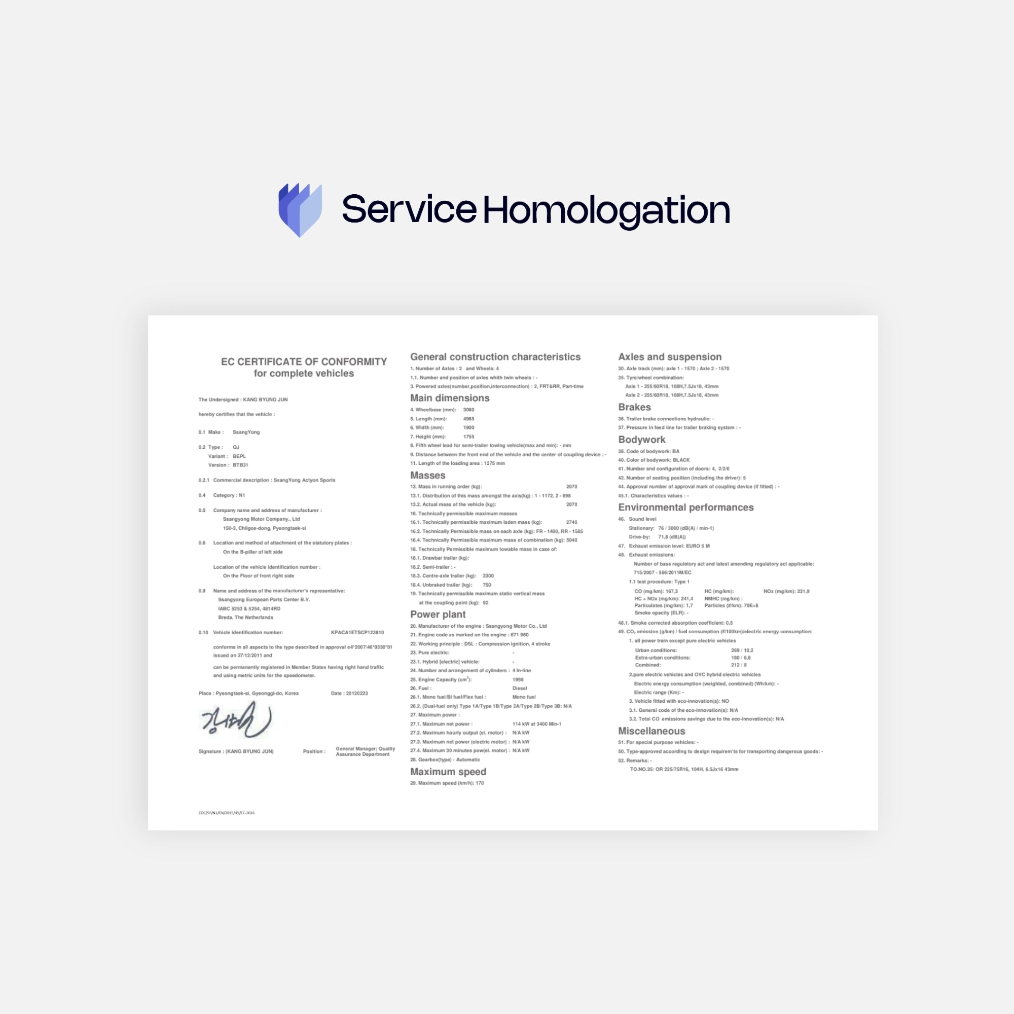 Certificat de conformité SSANGYONG