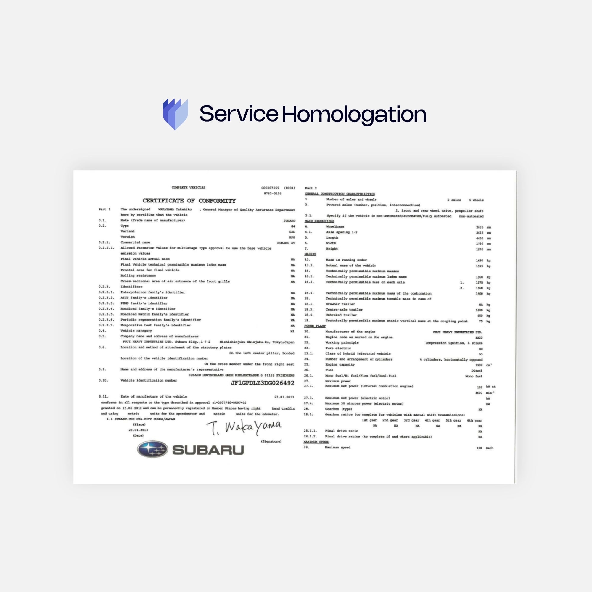 Certificat de conformité SUBARU