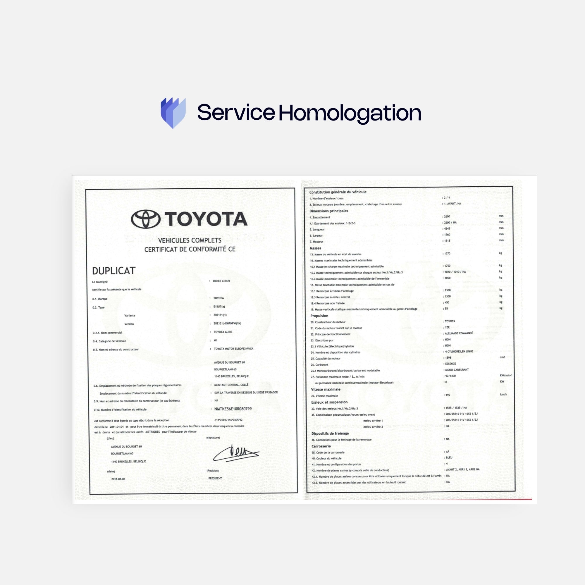 Certificat de conformité TOYOTA